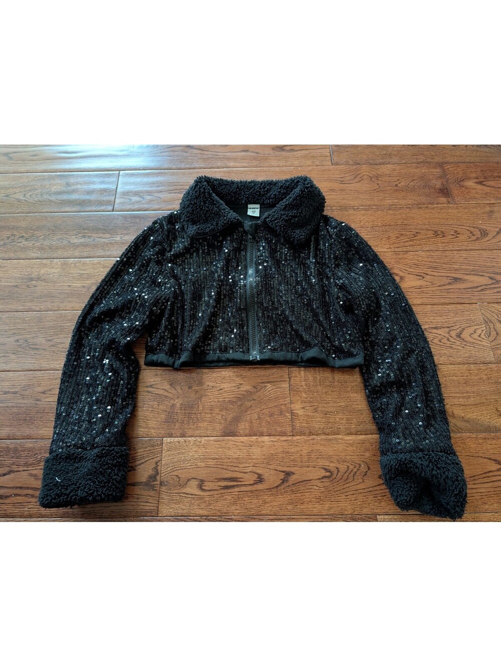 Shein Girl's Black Sequin Cropped Zip Up Jacket Size 9Y